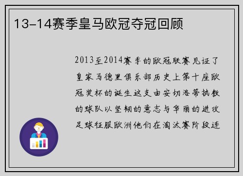 13-14赛季皇马欧冠夺冠回顾