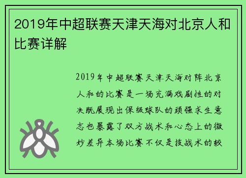 2019年中超联赛天津天海对北京人和比赛详解